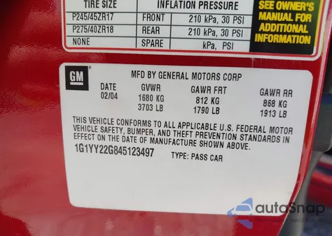 2004 Chevrolet Corvette from USA, damaged, VIN 1G1YY22G845123497